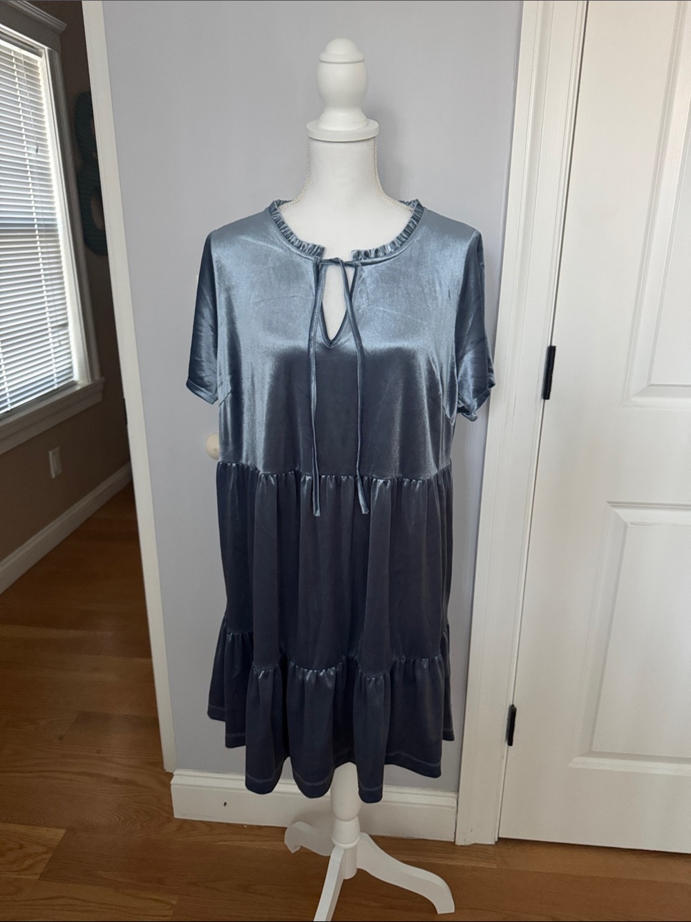 NWOT LC Lauren Conrad Shiny Steel-Blue Tie-Neck Tiered Dress